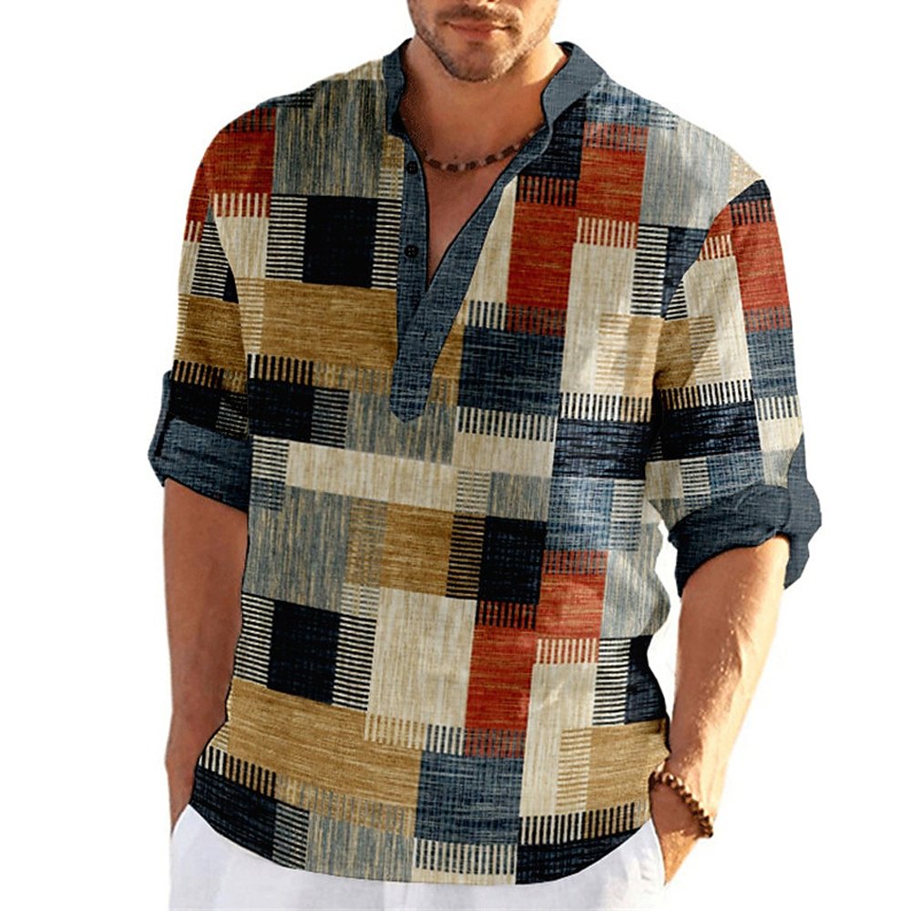 Men's Striped Plaid Check Geometric Pattern Shirt
